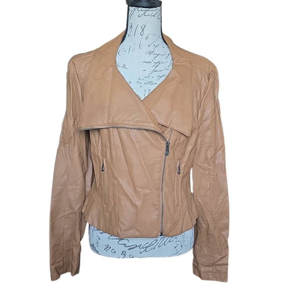 Nicole by Nicole Miller Women's Sz Lrge Tan Faux Leather Moto Skim Length Jacket